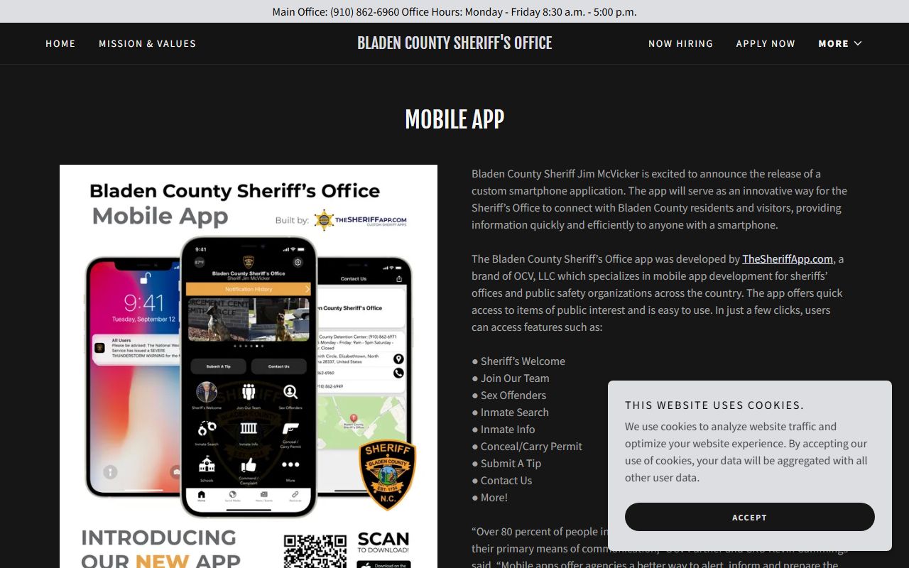 Bladen County Sheriff's Office mobile app page showing inmate search features