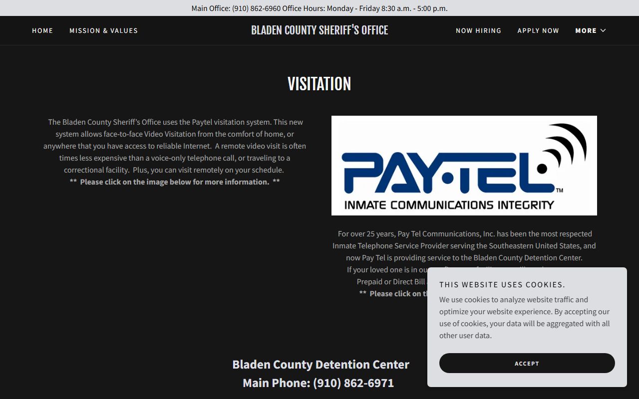 Bladen County Detention Center Pay Tel video visitation and inmate phone information