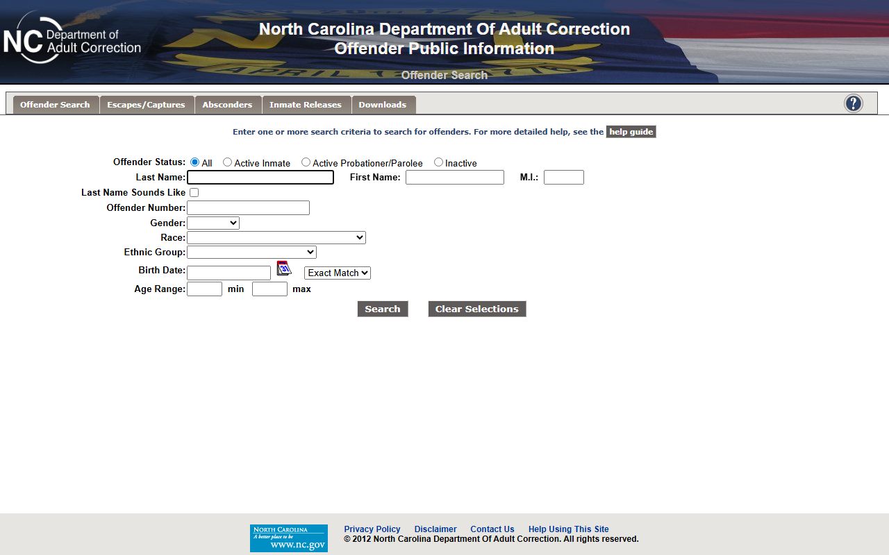 NCDAC offender locator search form