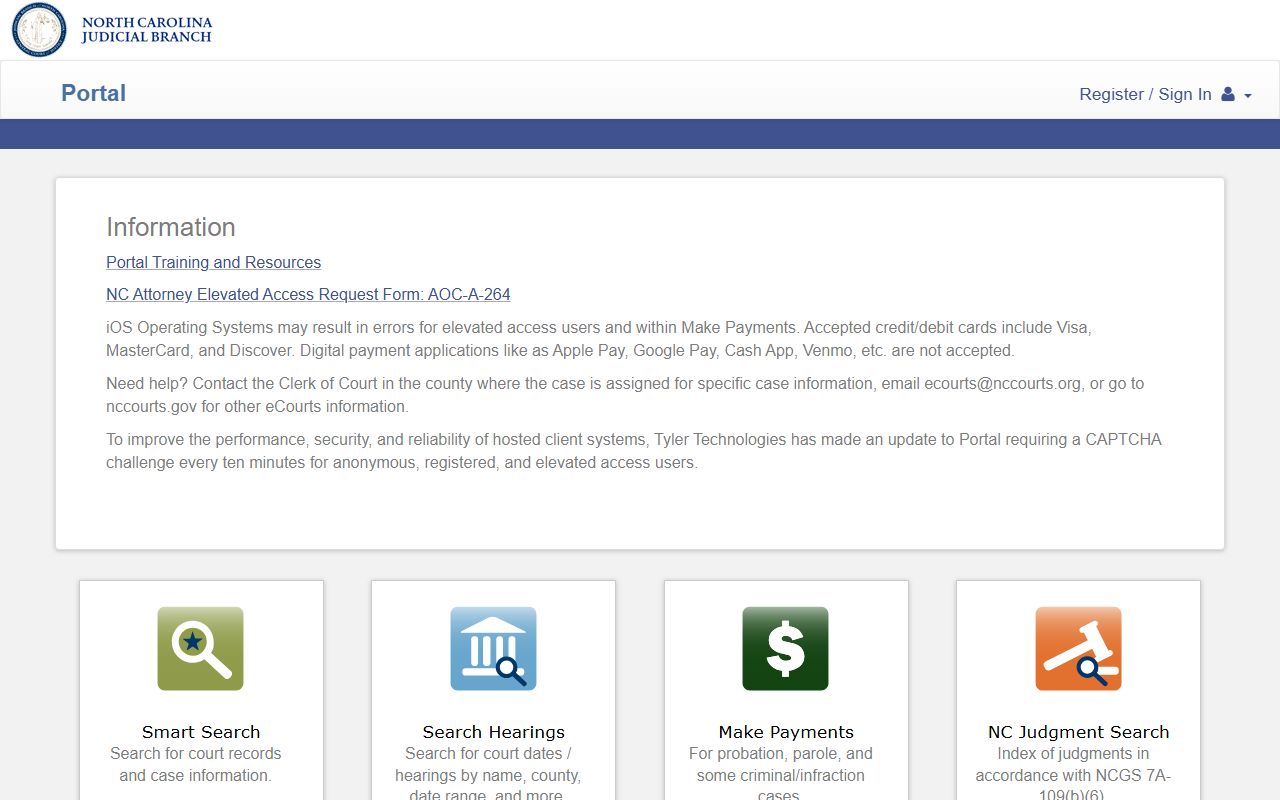 NC eCourts Portal showing Smart Search and Search Hearings options